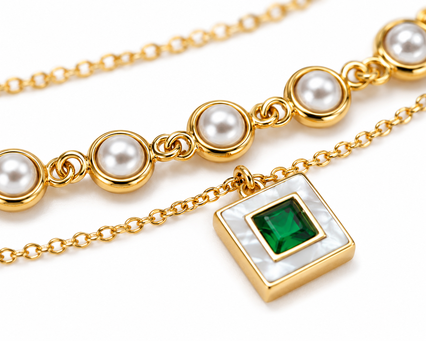 Emerald Pearl Charm Layered Anklet