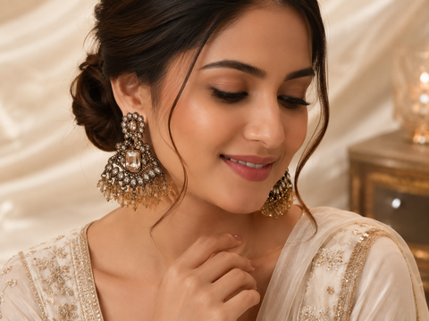 Champagne Crystal Antique Statement Chandbali Earrings | Premium Party & Wedding Earrings for Women