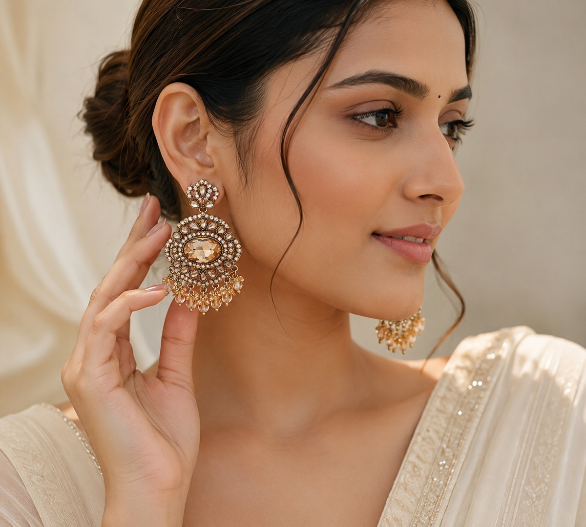 Champagne Crystal Vintage Chandbali Earrings | Premium Party & Wedding Earrings for Women