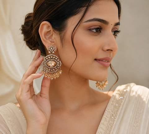 Champagne Crystal Vintage Chandbali Earrings | Premium Party & Wedding Earrings for Women