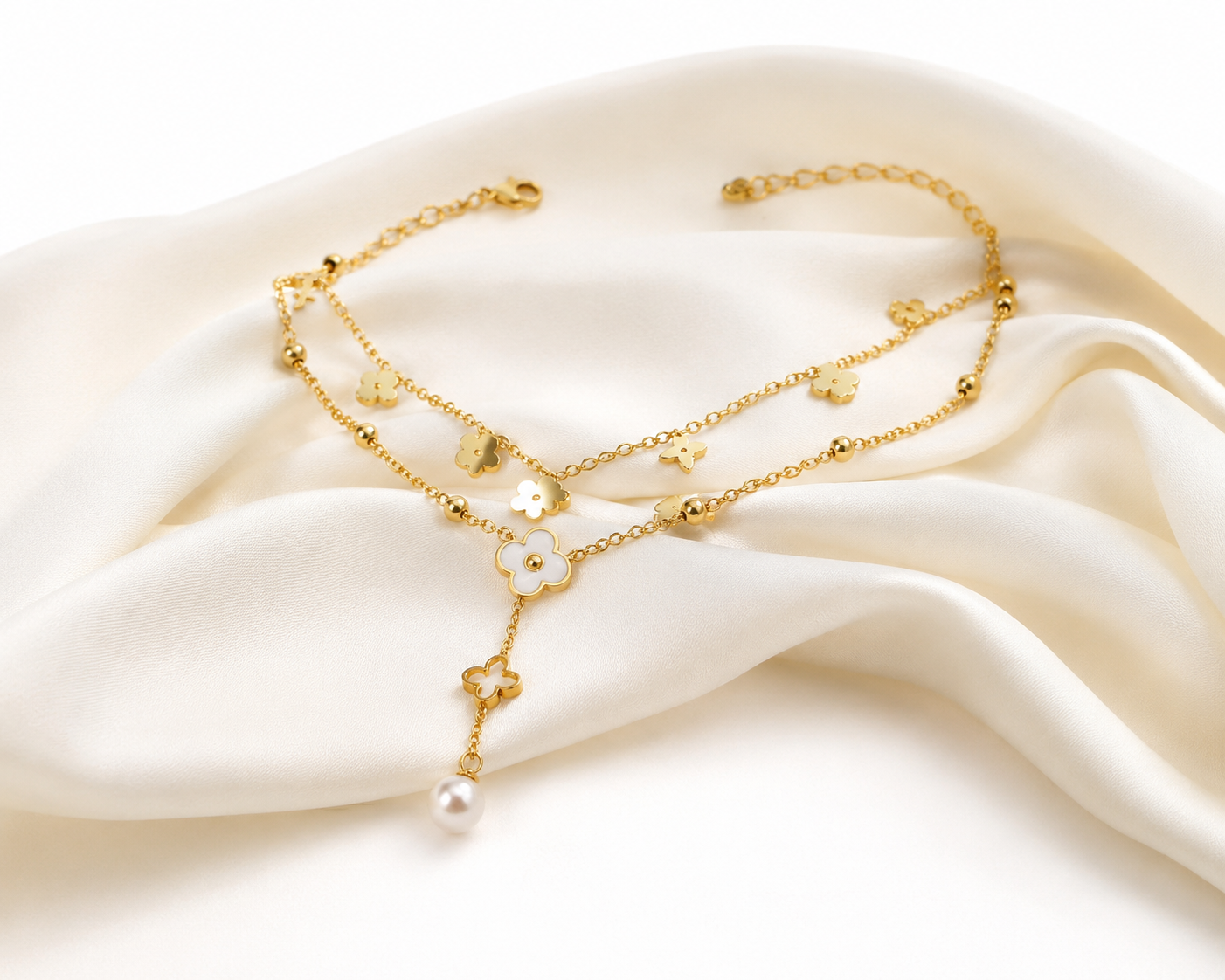 Floral Pearl Drop Double-Layer Gold Anklet