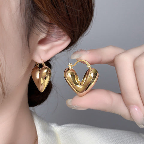 Gold Puffy Heart Hoop Earrings - Anti-Tarnish Bold Love Hoops