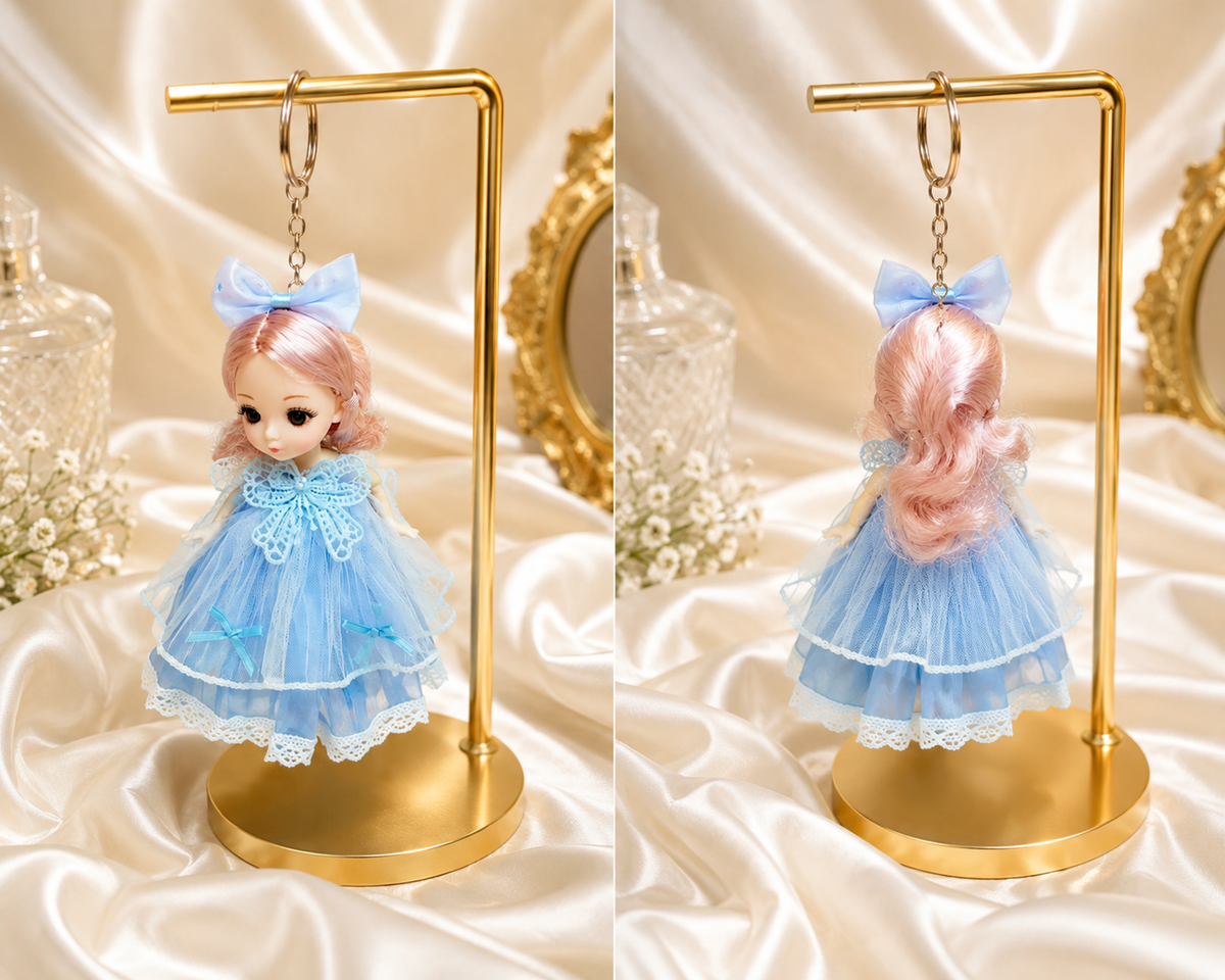 Cute Princess Doll Keychain – Blue Dress Soft Toy Bag Charm | Premium Gift for Girls