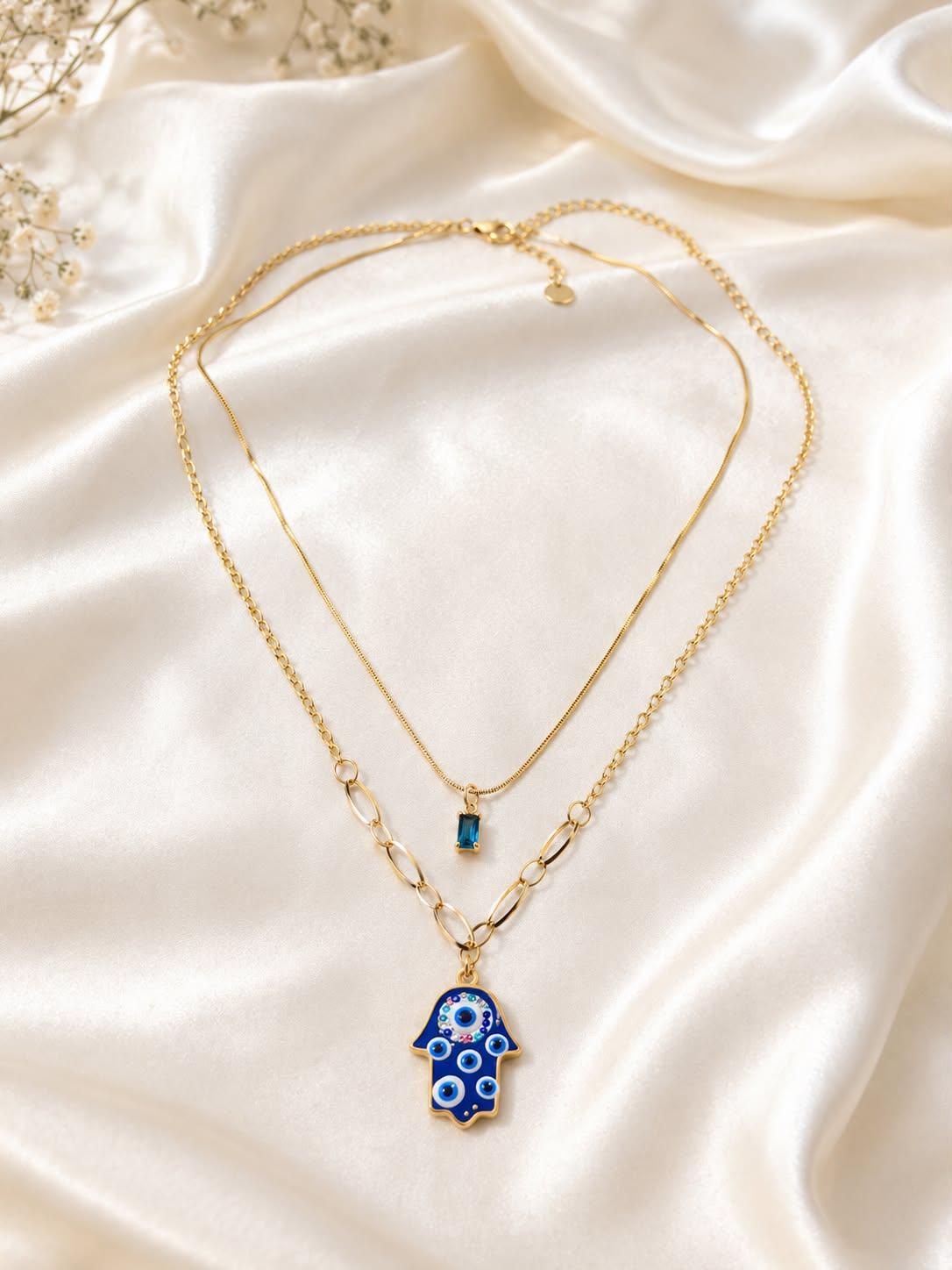 Premium Blue Hamsa Evil Eye Layered Gold