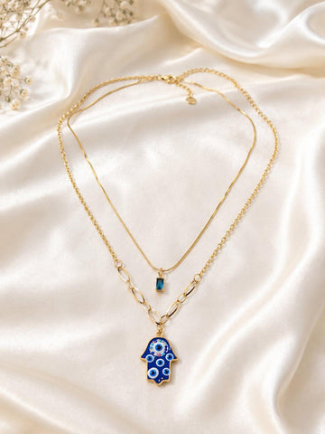 Premium Blue Hamsa Evil Eye Layered Gold
