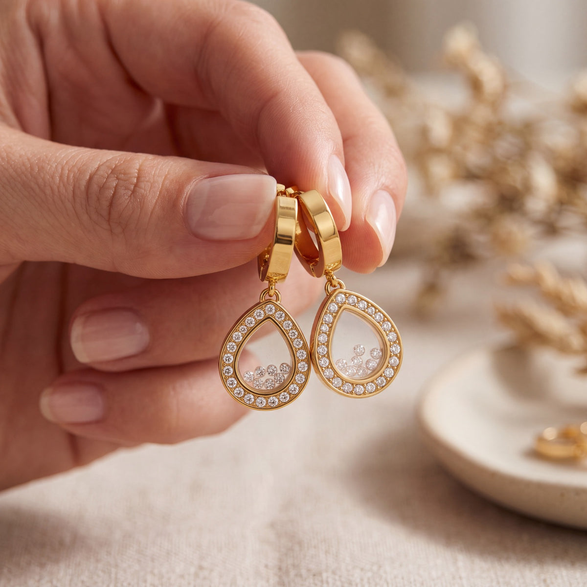 Elegant Gold-Plated Teardrop Huggie Hoop Earrings with Floating Crystals