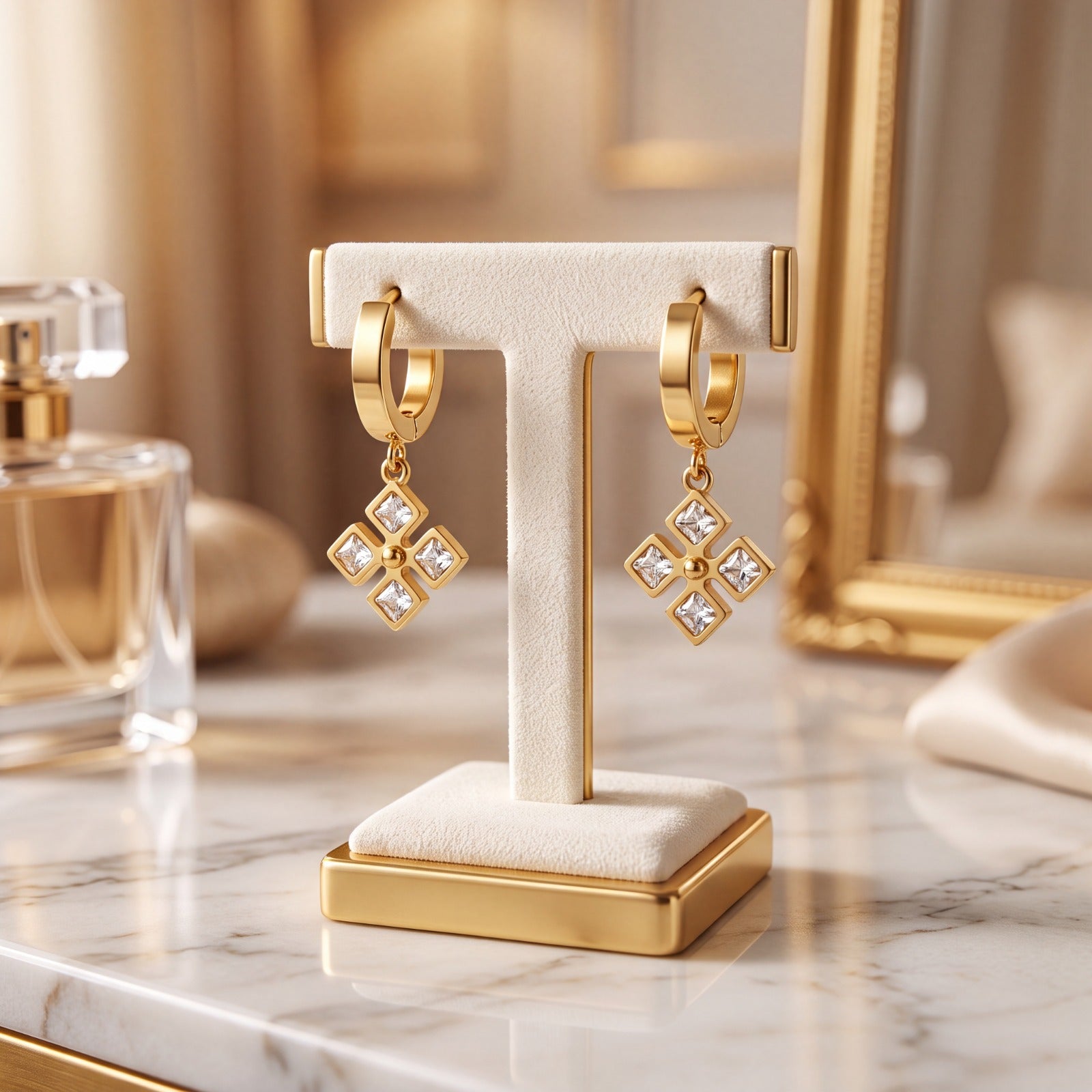 Gold Clover Drop Hoop Earrings