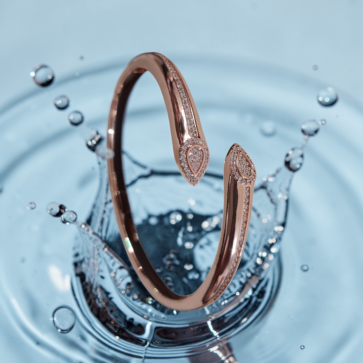 Rose Gold Serpent-Style Open Bypass Bangle with Diamond Accents