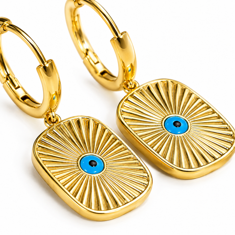 Blue Evil Eye Sunburst Gold Hoop Earrings