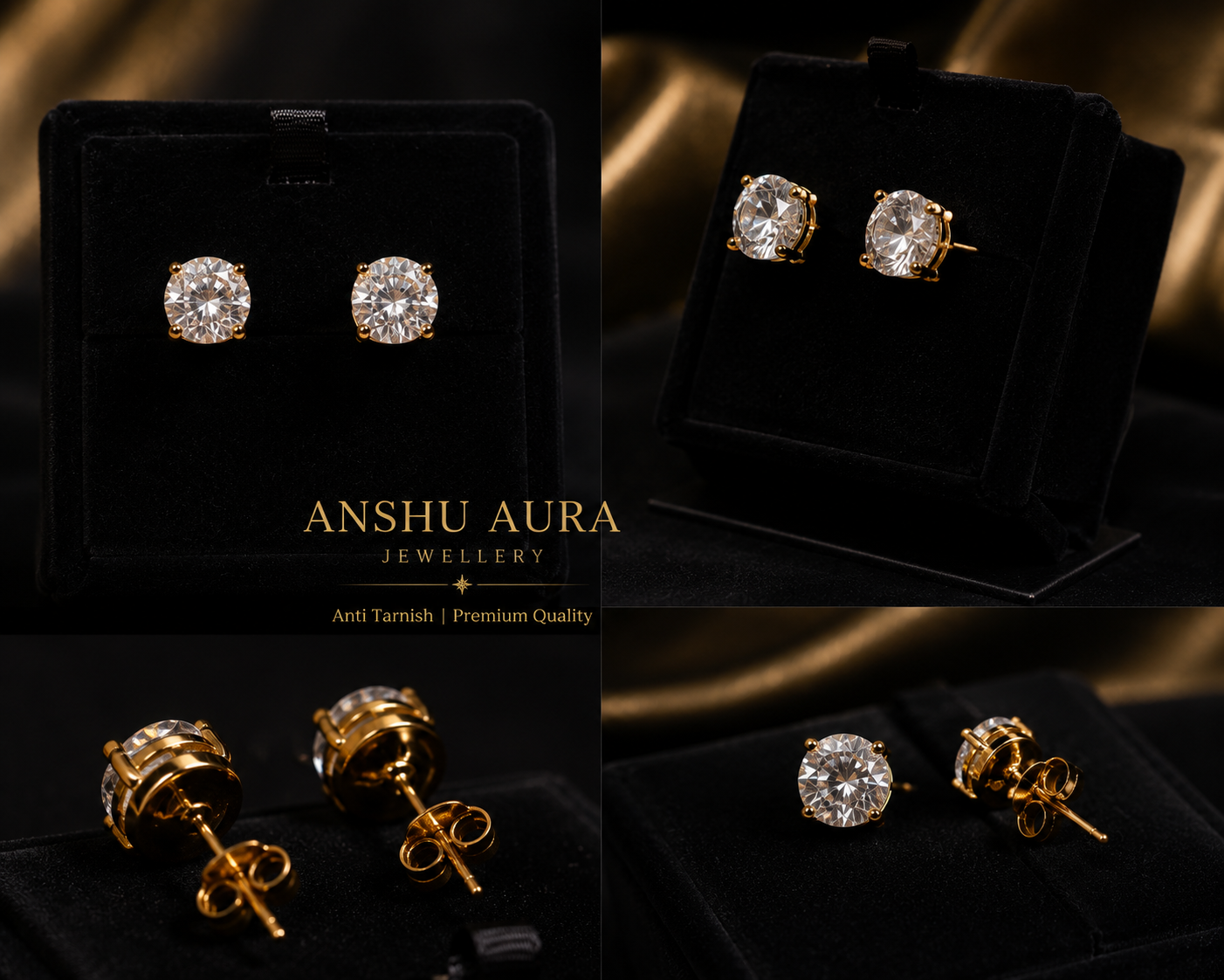 Solitaire Stud Earrings for Women | 18K Gold Plated | Anti-Tarnish |