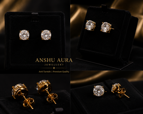 Solitaire Stud Earrings for Women | 18K Gold Plated | Anti-Tarnish |