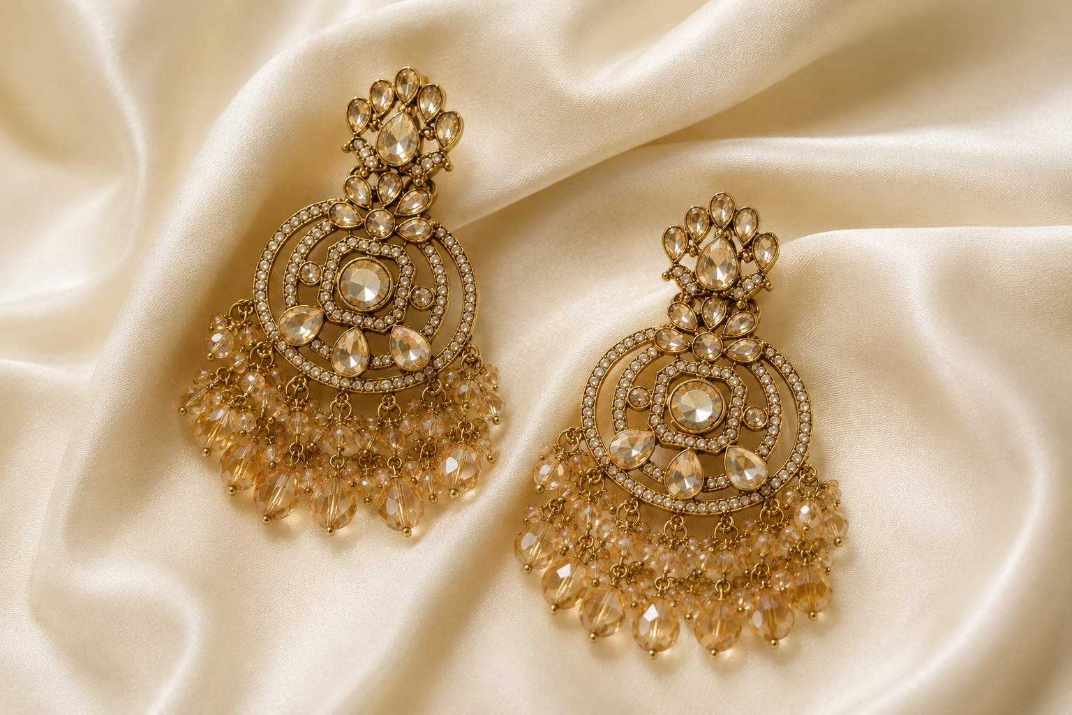 Champagne Crystal Chandbali Earrings | Premium Party & Wedding Statement Earrings