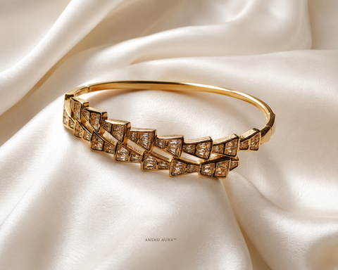 Geometric Crystal Gold-Plated Open Bangle Bracelet