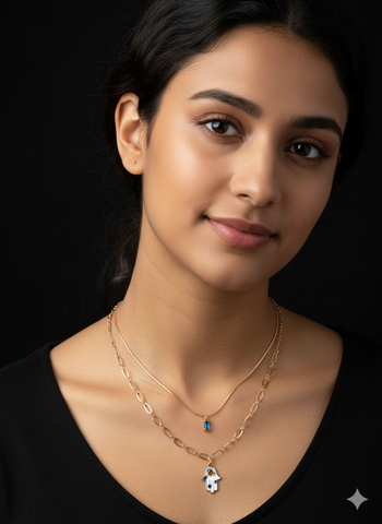 Elegant Double Layered Blue  stone hamsa necklaces
