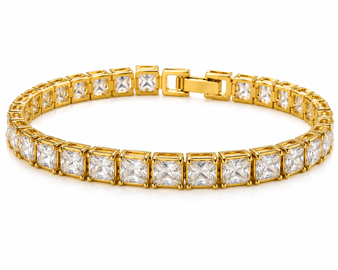 Gold Tone Princess Cut Tennis Bracelet | Premium Stainless Steel | Unisex