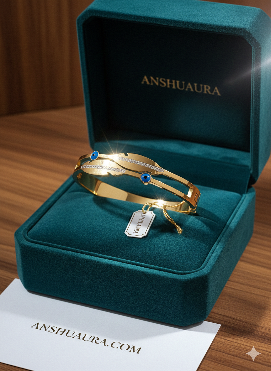 The Eternal Charm: 18K Gold-Plated Feather & Evil Eye Cuff Bracelet