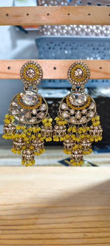 Royal Yellow Stone Chandbali Jhumka Earrings