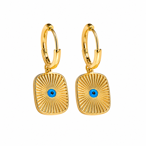 Blue Evil Eye Sunburst Gold Hoop Earrings