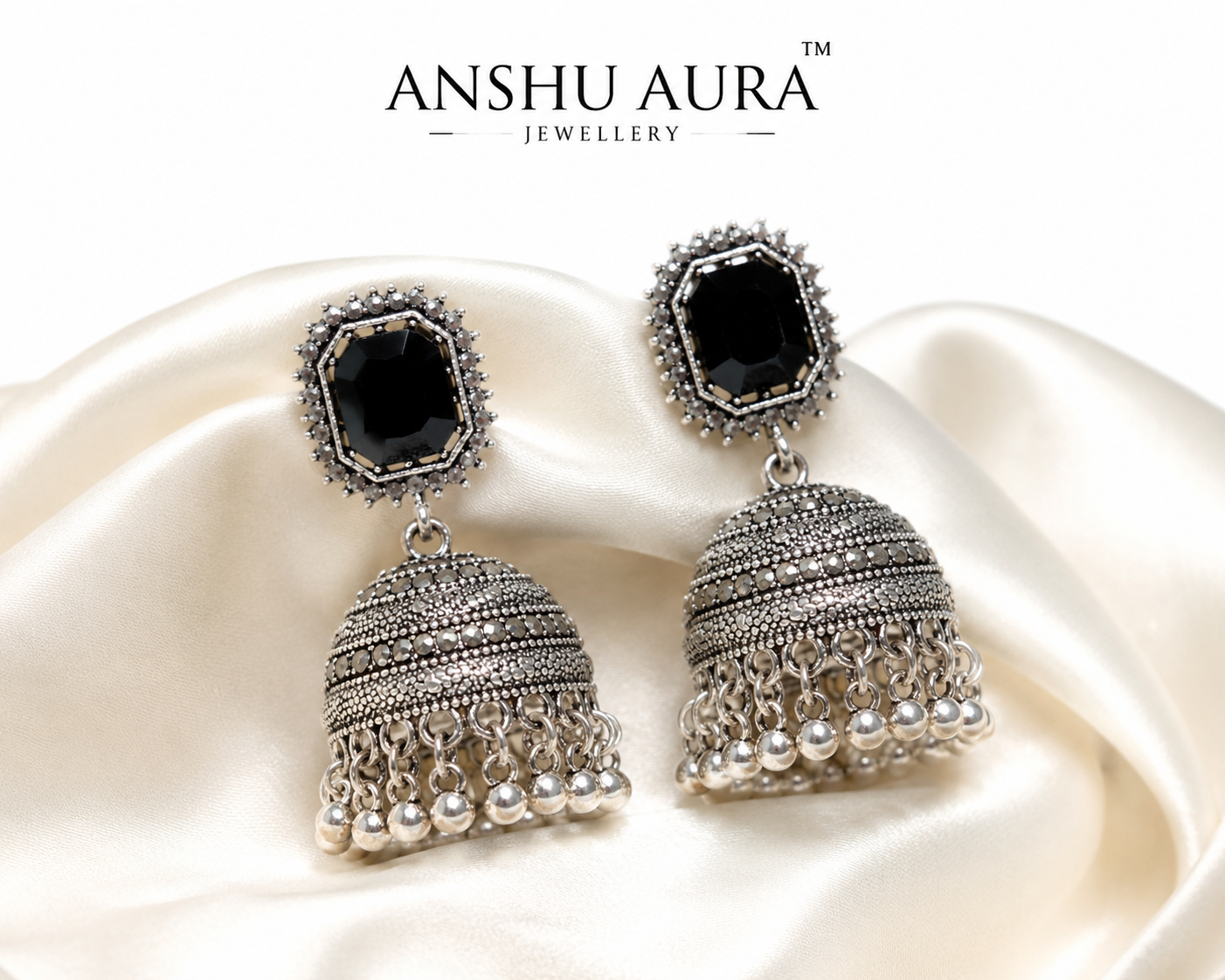 Black Stone Oxidized Jhumka Earrings