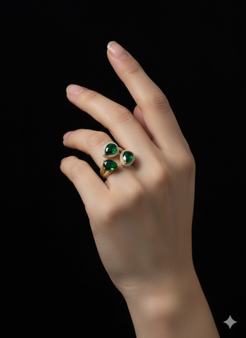 Emerald Green Pear-Cut Triple Stone Gold-Plated Statement Ring