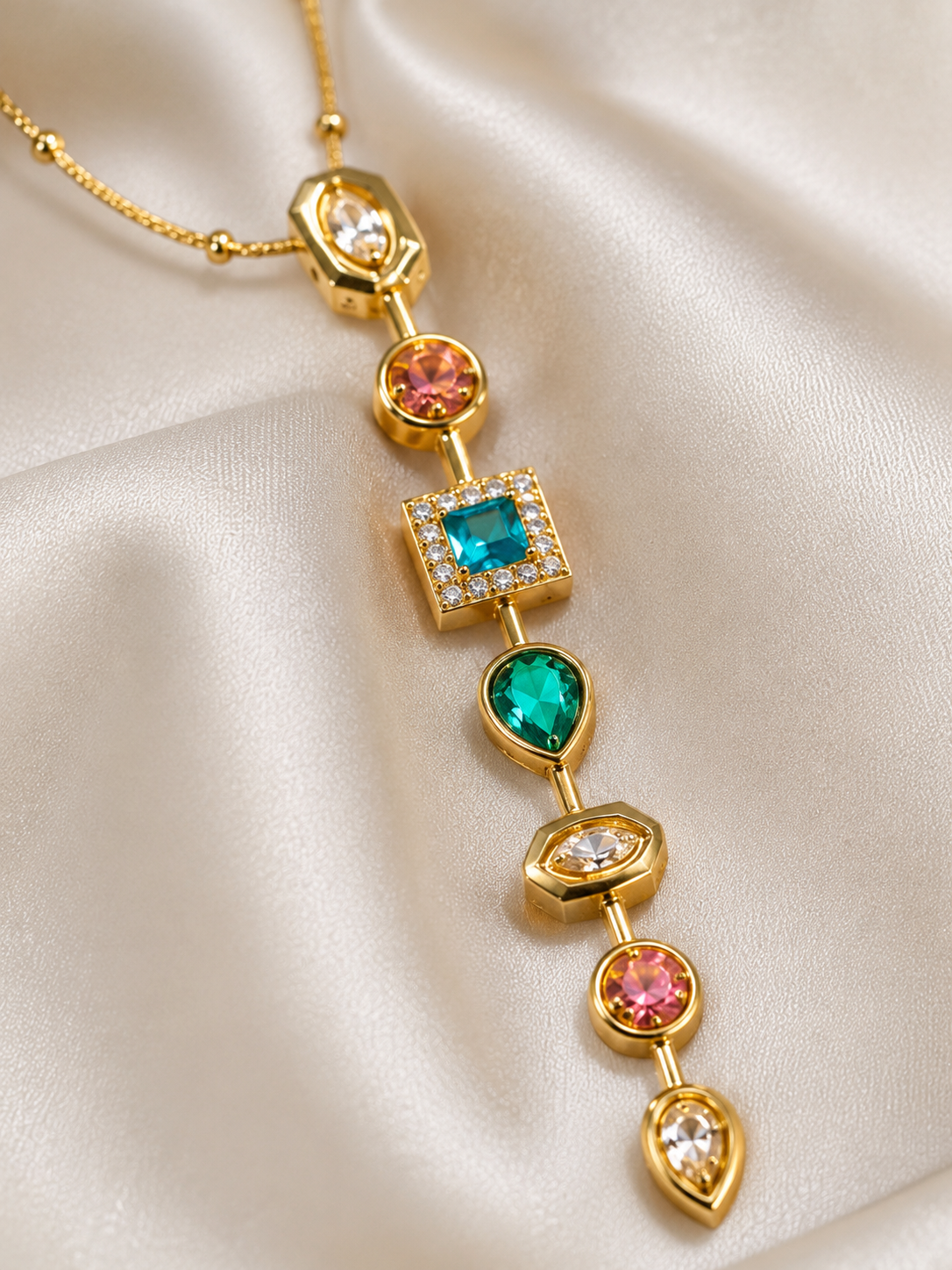 Multi-Color Gemstone Vertical Drop Pendant Necklace