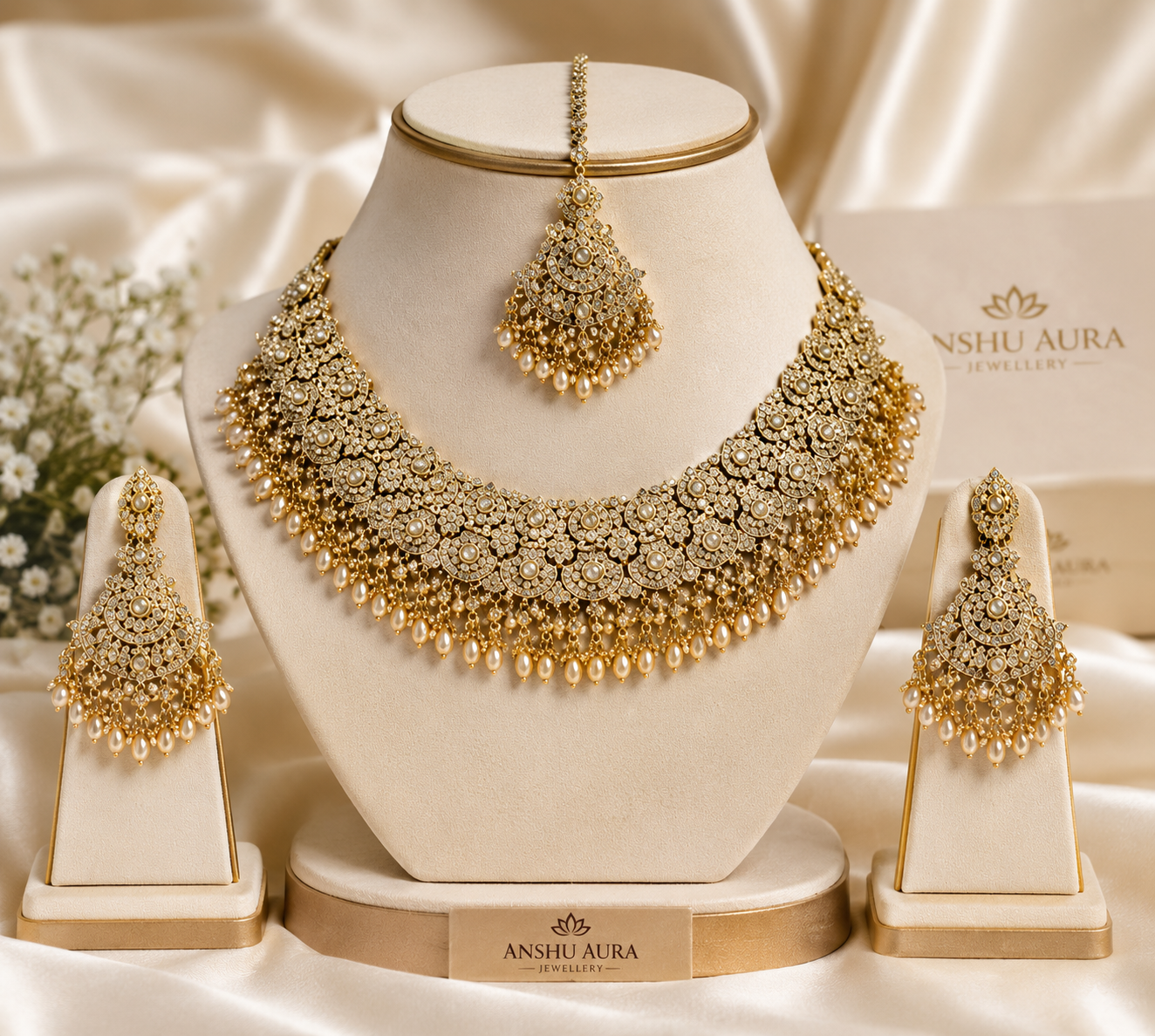 Royal Kundan Bridal Necklace Set with Earrings & Maang Tikka | Premium Wedding Jewellery | ANSHU AURA