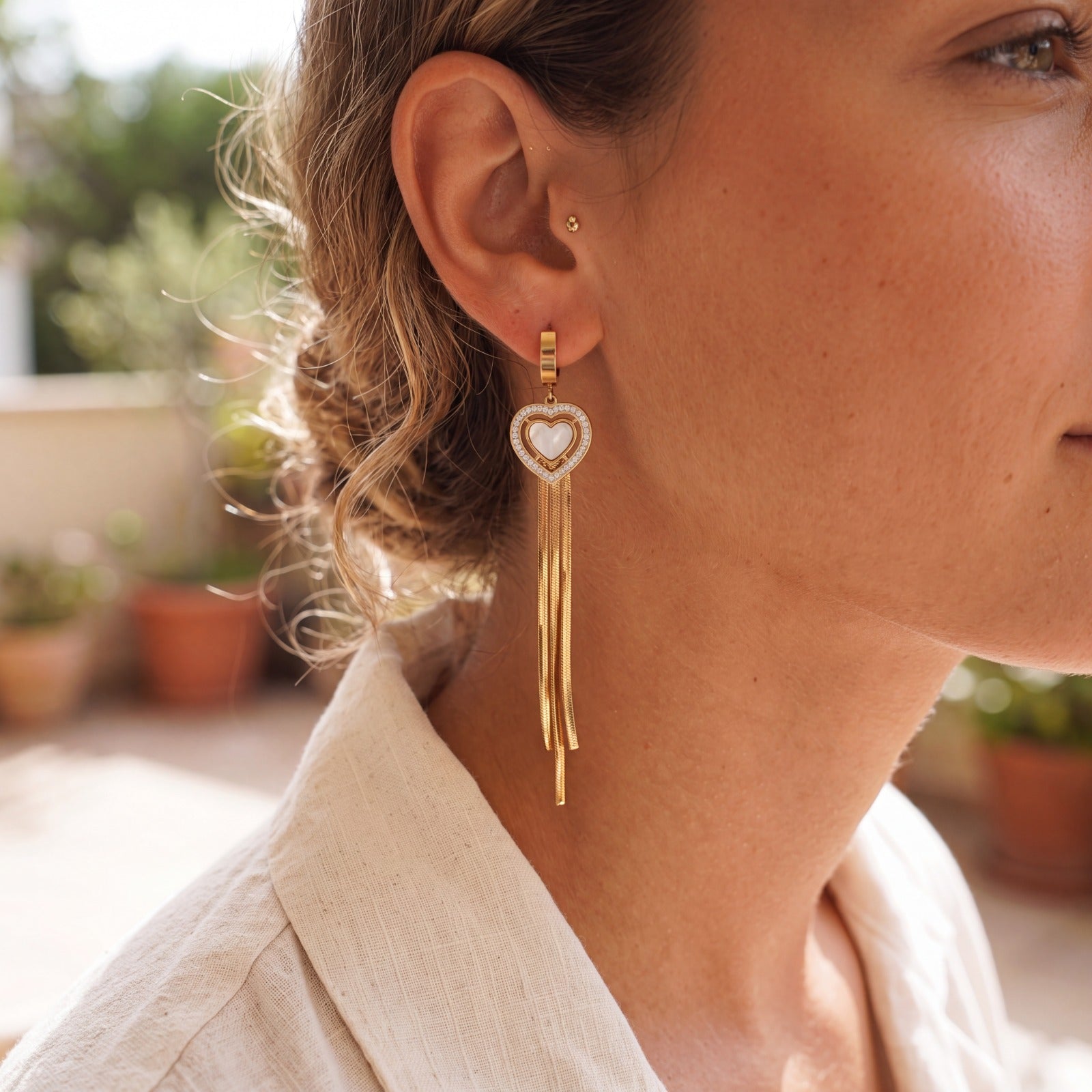 Golden Heart Shell Drop Earrings with Sleek Tassels