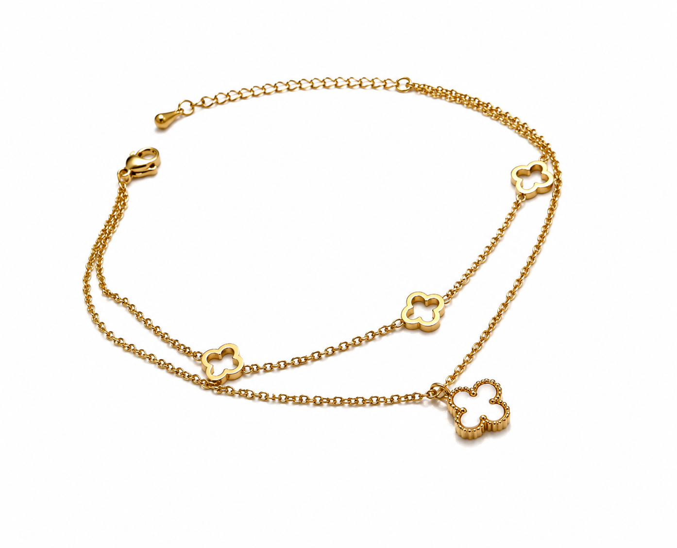 Premium Clover Charm Double-Layer Gold Anklet