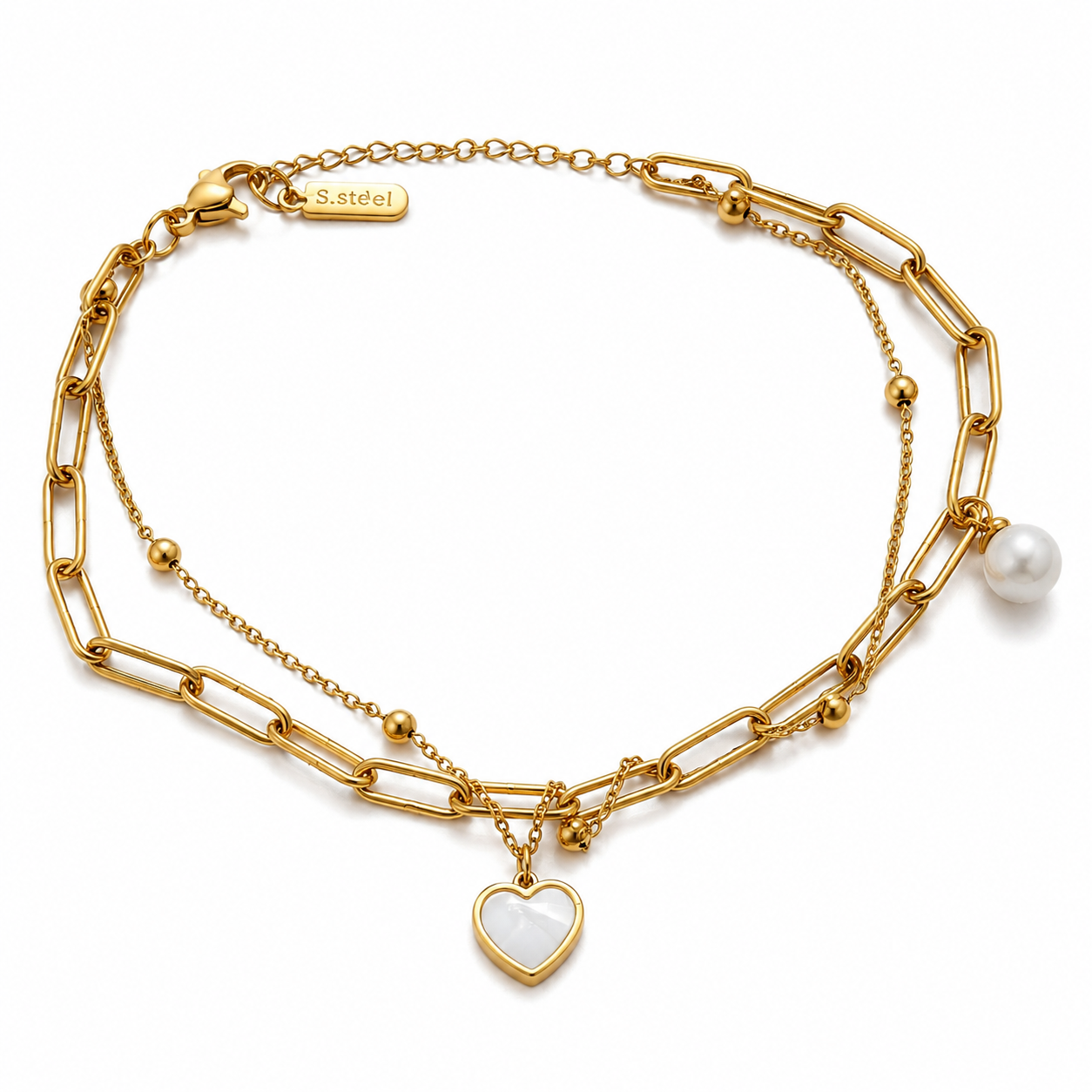Heart Charm Layered Gold-Plated Anklet with Pearl | Anti-Tarnish Stainless Steel | Waterproof