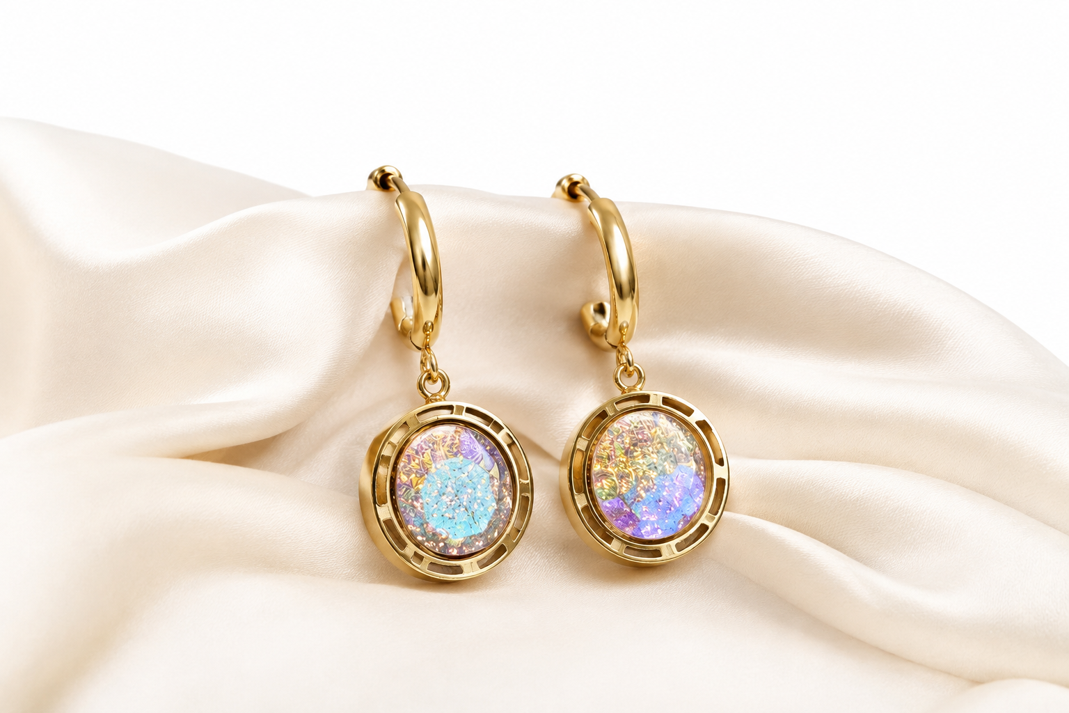 Iridescent Aura Gold Drop Earrings