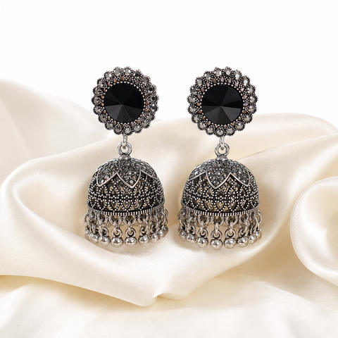 Black Stone Oxidised Jhumka Earrings