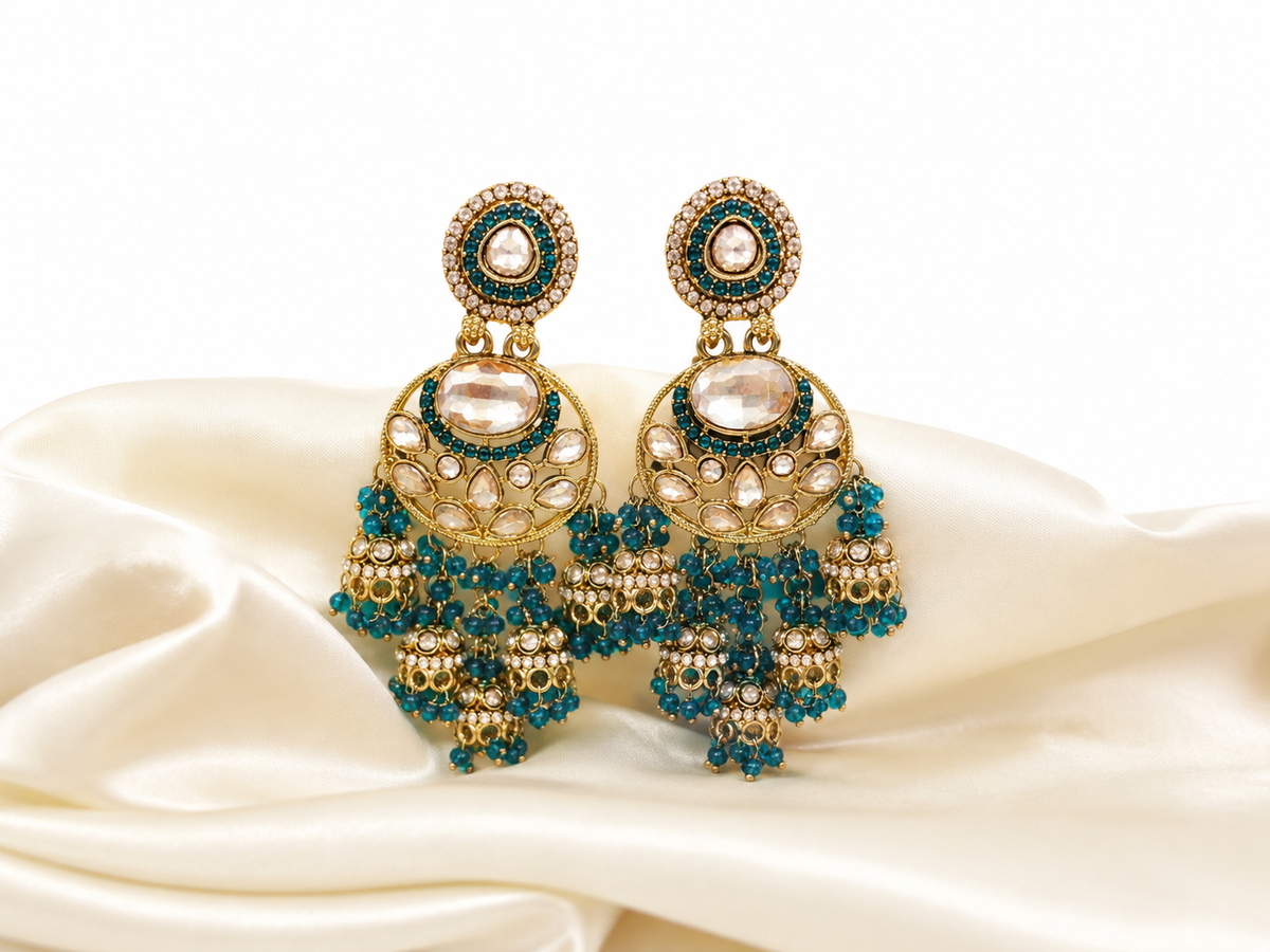 Teal & Gold Royal Chandbali Jhumka Earrings