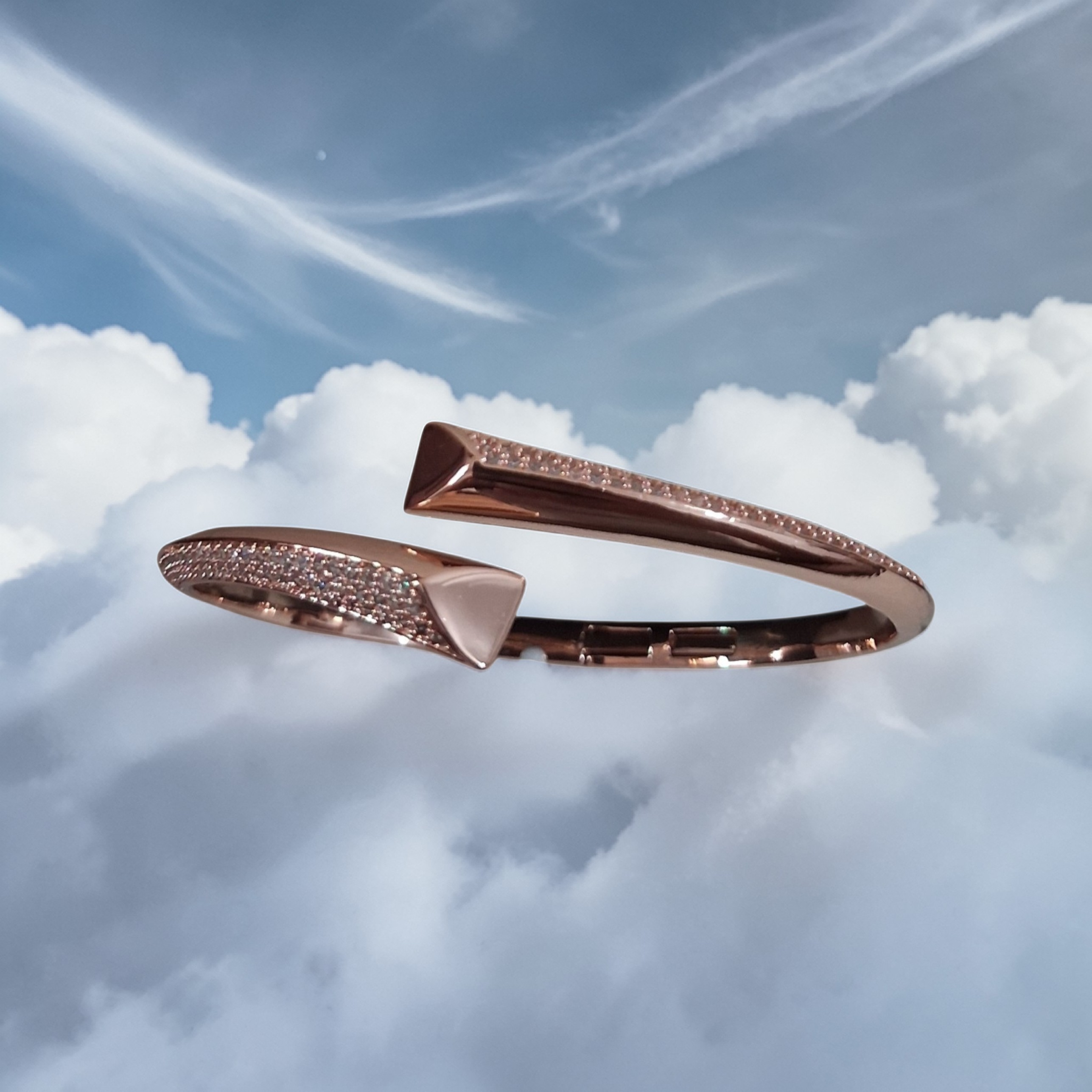 Celestial Rose Gold Bypass Bangle – Studded Open Cuff Bracelet